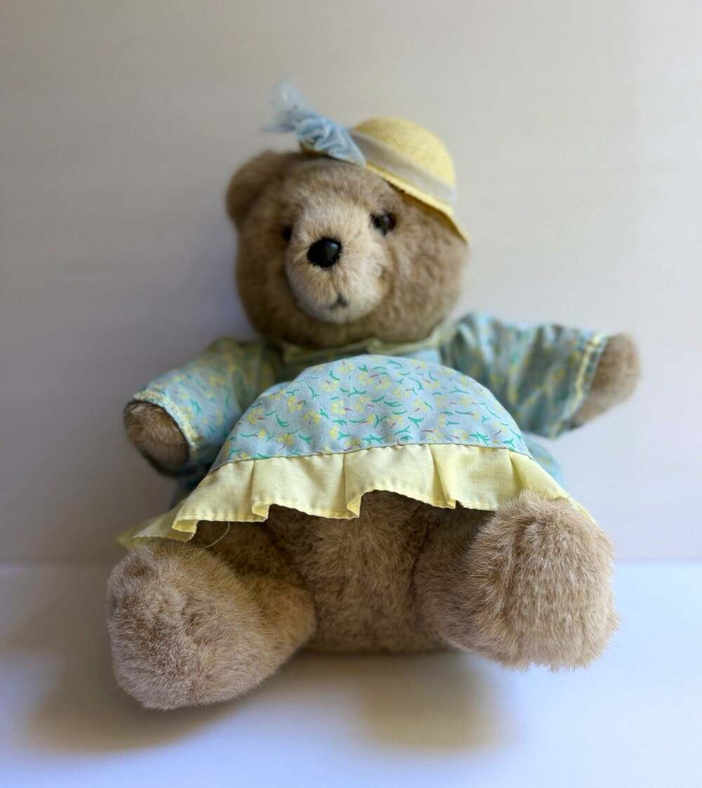 Applause Teddy Bear Plush Stuffed Animal Blue Dress Yellow Hat Small 6-14 in